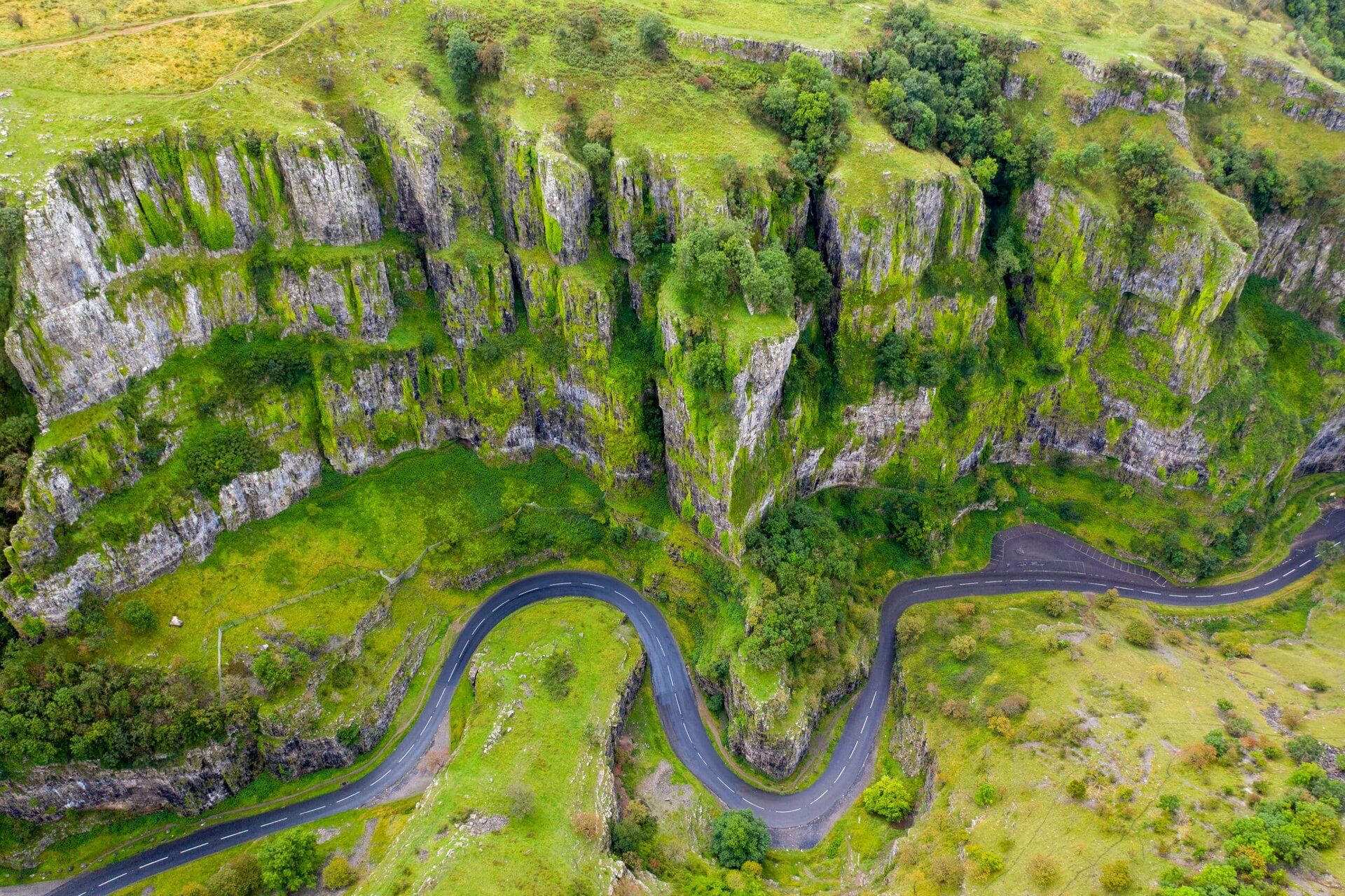 Aerial view of Cheddar Gorge and the winding gorge road