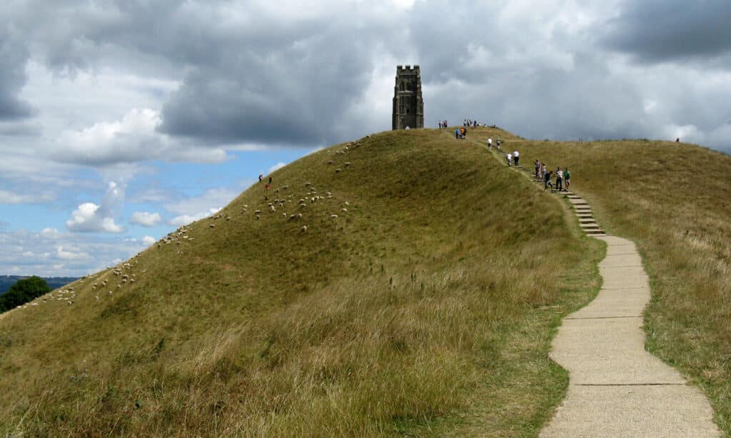 Path climbing Glastonbury Tor to St Michael's Tower