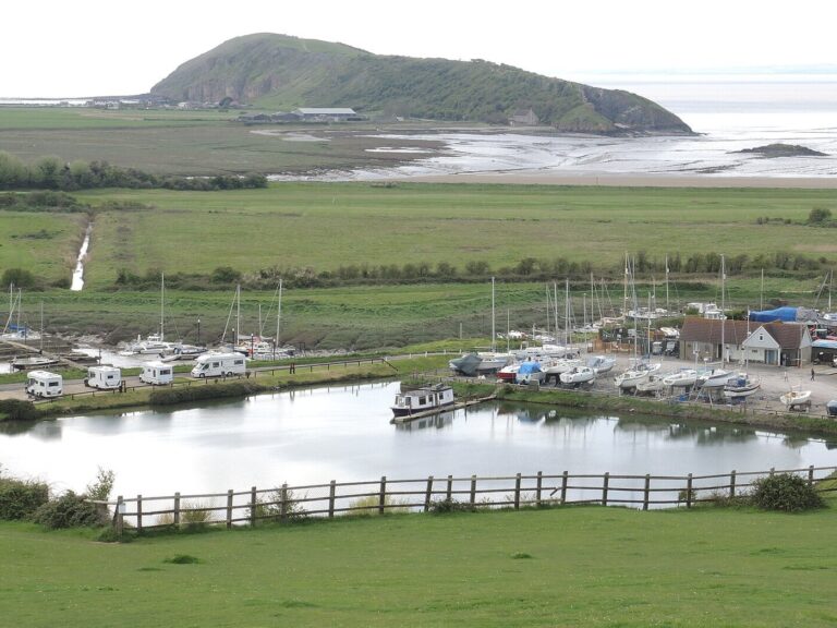 Uphill marina and the Axe estuary with Brean Down beyond, near Weston-super-Mare